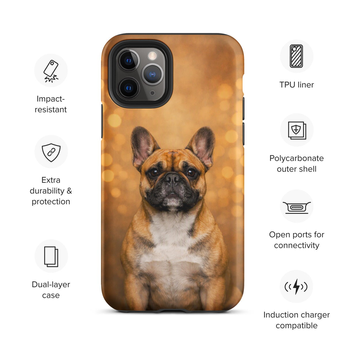 Phone Case for iPhone - French Bulldog Portrait with Warm Glow, featuring a charming dog against a golden bokeh background, stylish protection.