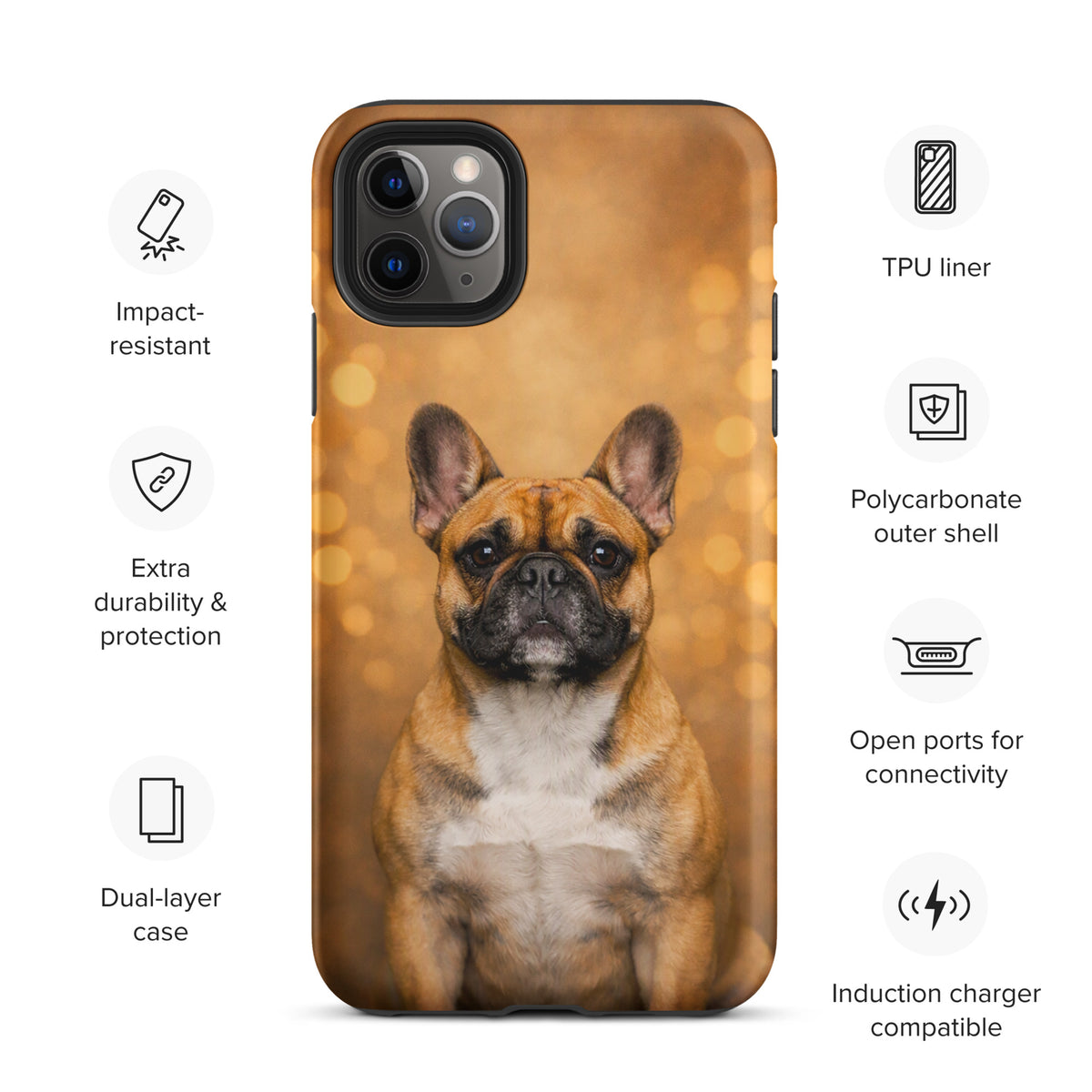 Phone Case featuring French Bulldog with golden bokeh background for iPhone - Warm Glow Edition