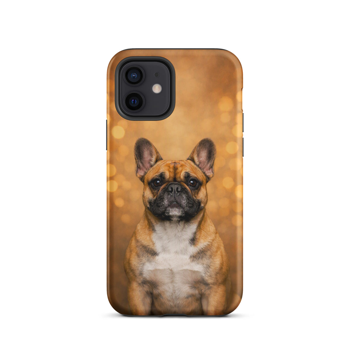 Phone Case featuring a portrait of a French Bulldog with a golden bokeh background, designed for iPhone, Warm Glow Edition.