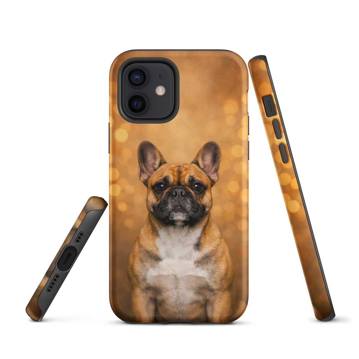 Phone Case with French Bulldog design against golden bokeh background for iPhone - Warm Glow Edition