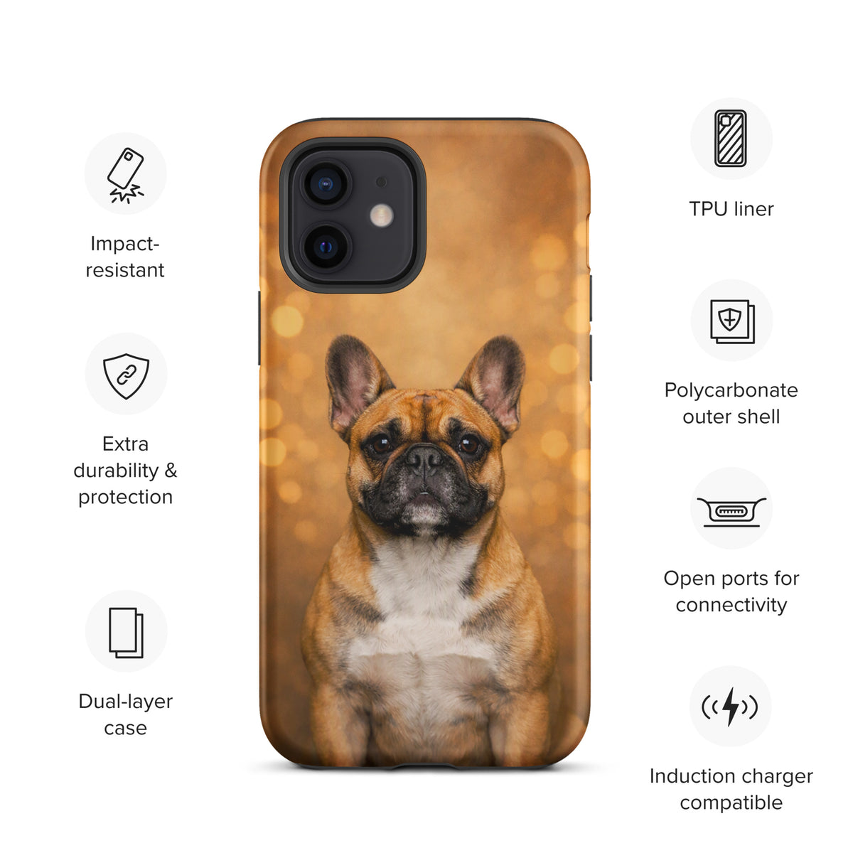 Phone Case for iPhone with French Bulldog portrait and warm glow background, featuring impact-resistant TPU liner and polycarbonate shell.