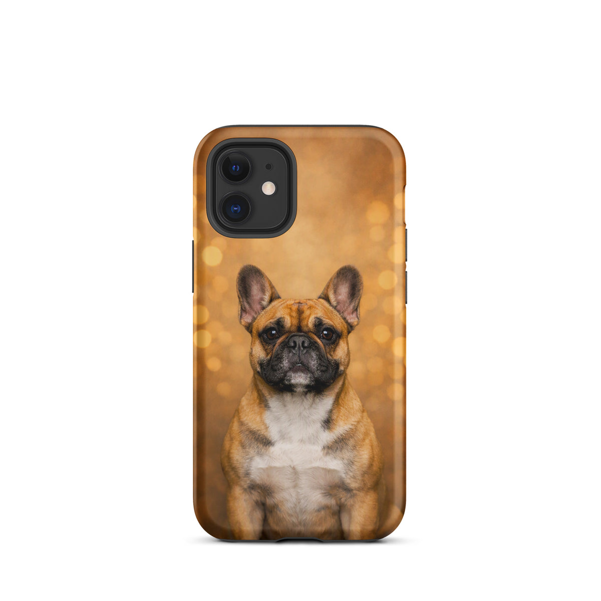 Phone Case for iPhone with French Bulldog portrait on golden bokeh background, Warm Glow Edition. Charming and playful design for dog lovers.