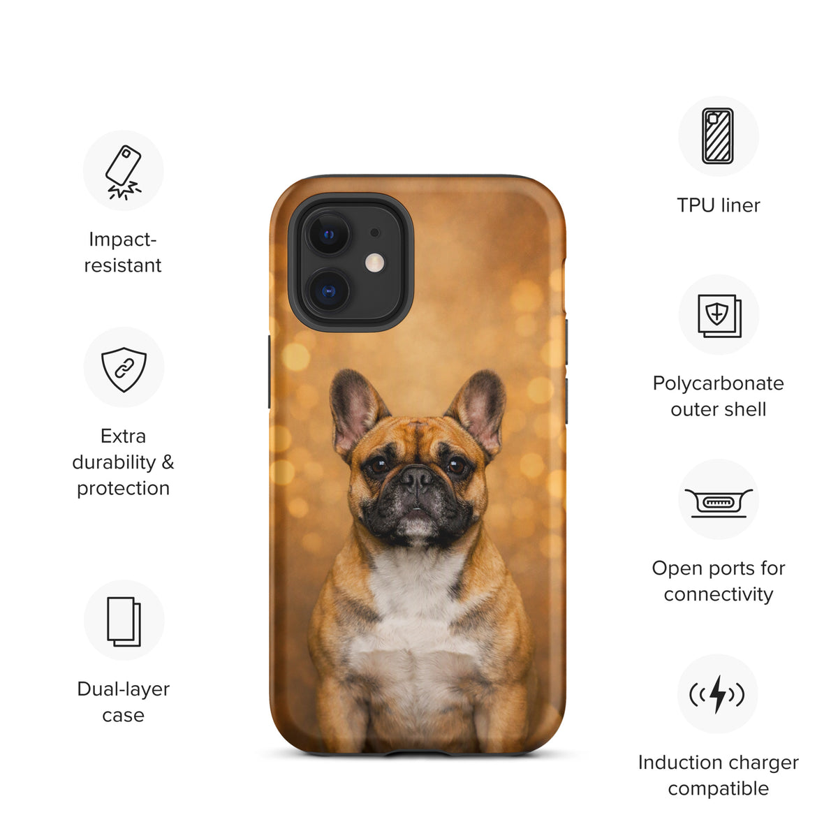 Phone Case featuring French Bulldog portrait with golden bokeh background, highlighting impact-resistant and dual-layer design.