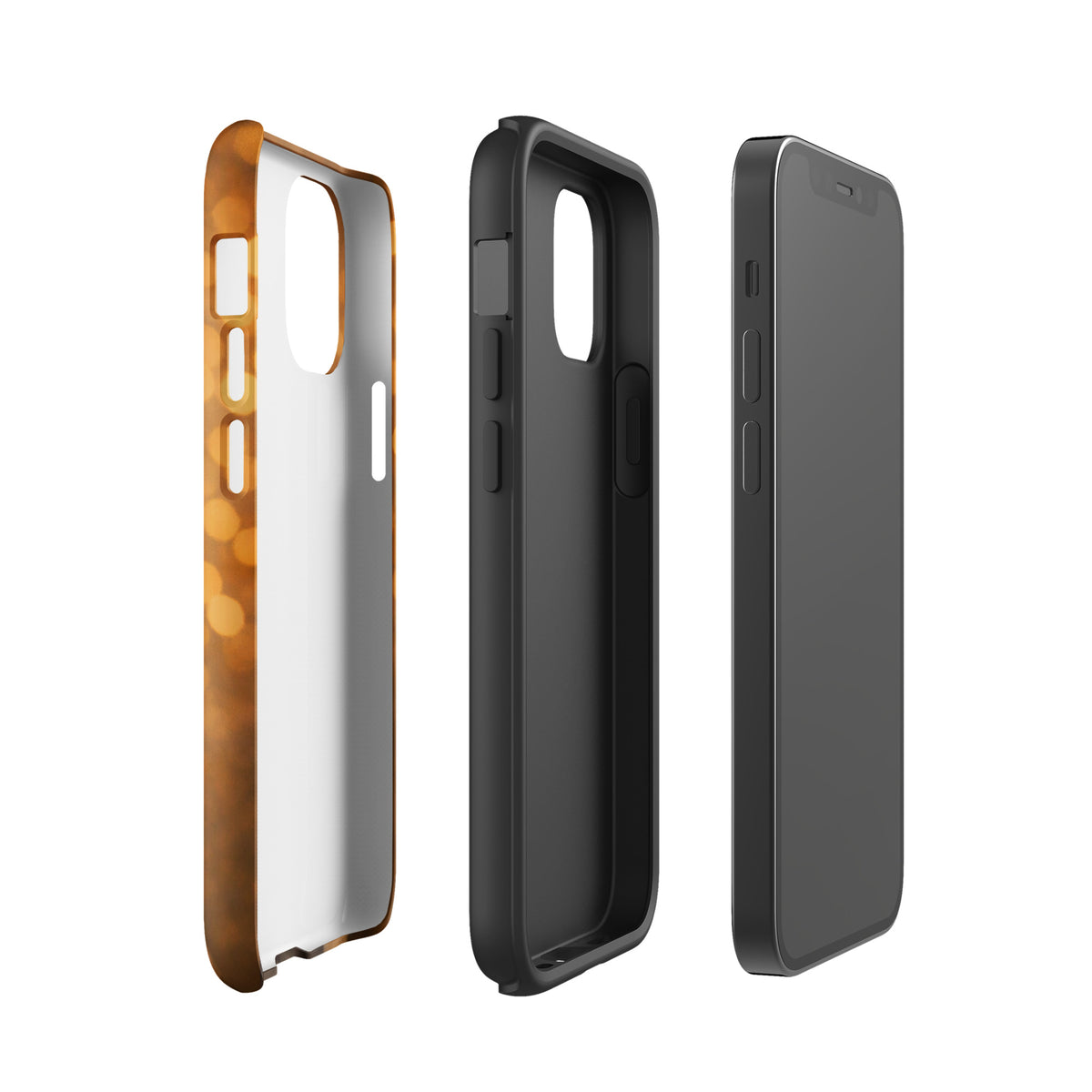 Phone Case for iPhone with French Bulldog Portrait and Warm Glow bokeh design, showcasing detachable layers and sides.
