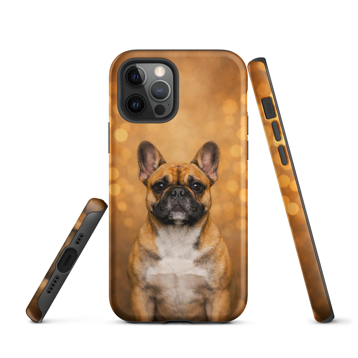 Phone Case featuring French Bulldog portrait with warm glow, perfect for iPhone, adds charm and sophistication with golden bokeh background.