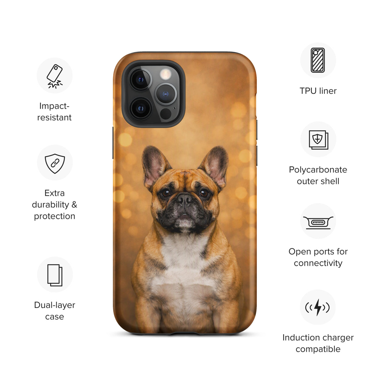 Phone Case for iPhone with French Bulldog portrait on warm glow background, features durable protection, TPU liner, charge compatible.