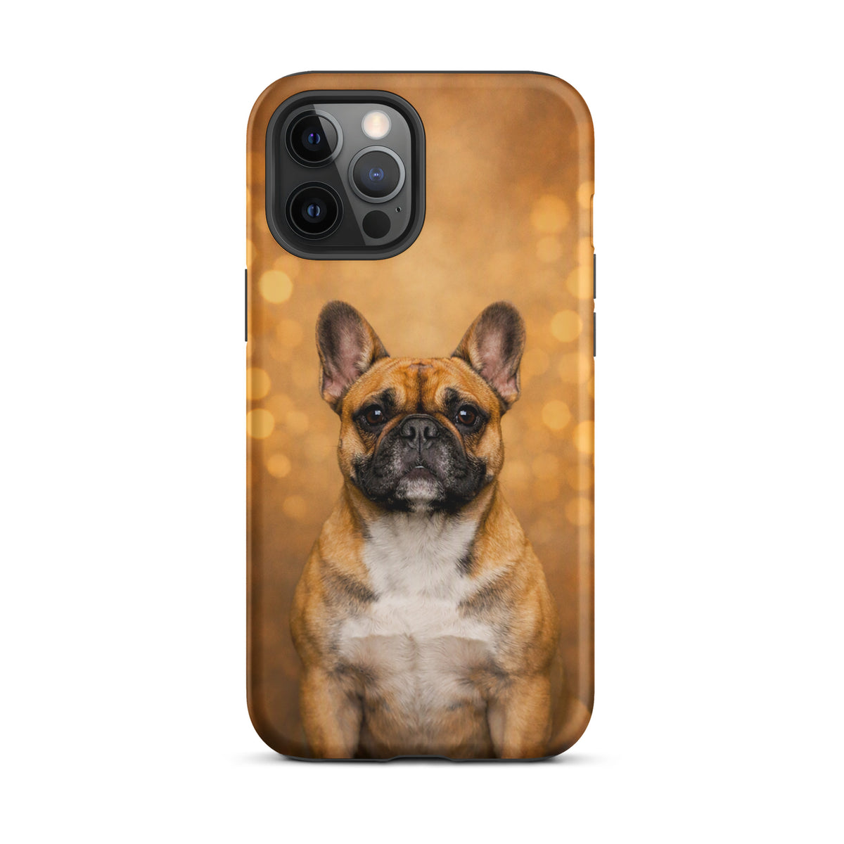 Phone Case featuring French Bulldog portrait with warm glow and golden bokeh background, designed for iPhone. Perfect for dog lovers.