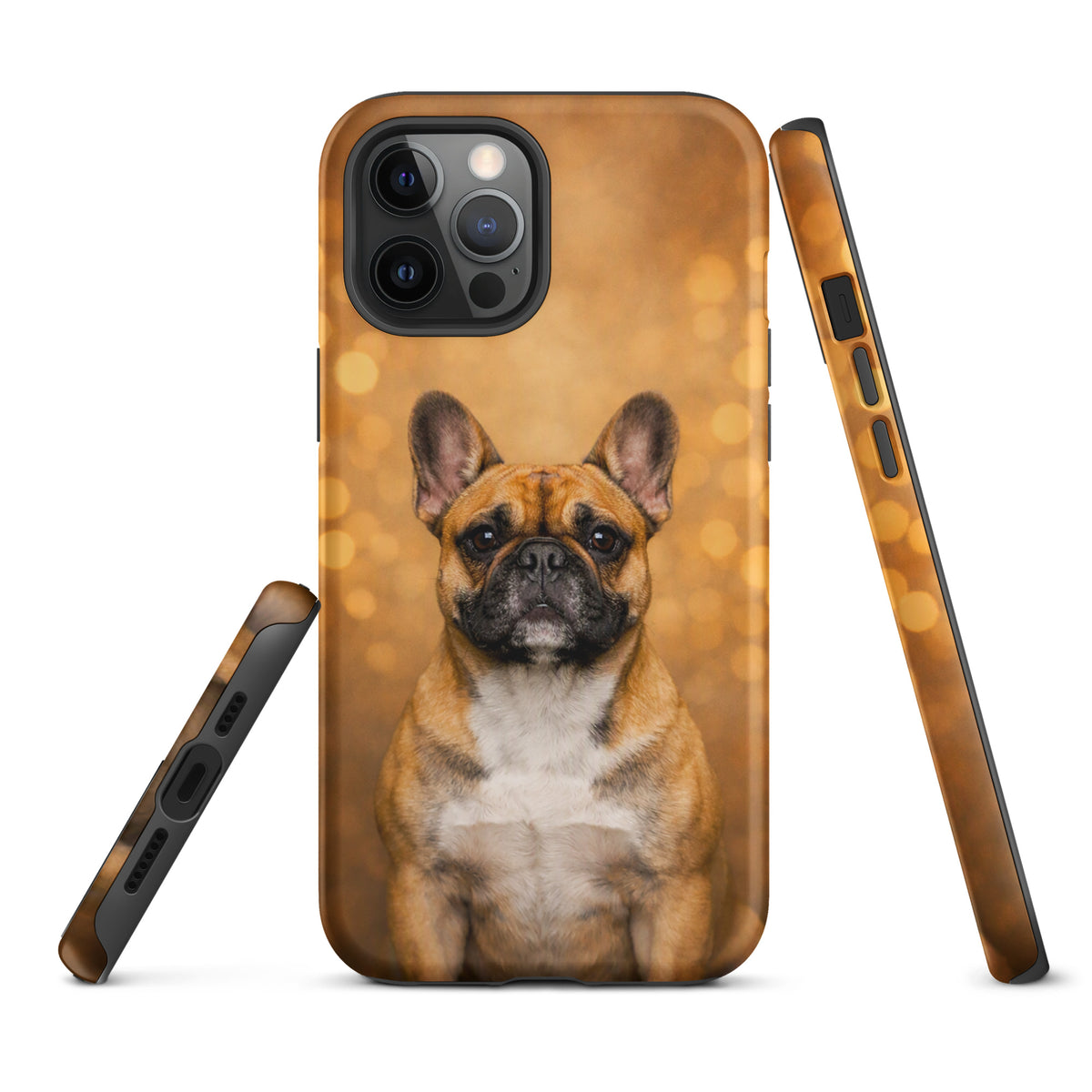 Phone Case featuring French Bulldog portrait with golden bokeh background, perfect for iPhone, Warm Glow Edition.