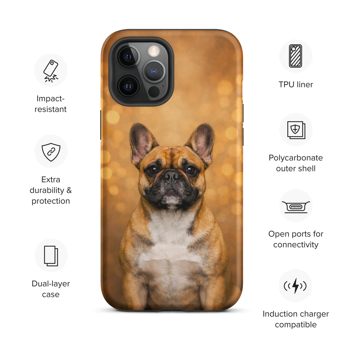 Phone Case for iPhone featuring a French Bulldog portrait against a golden bokeh background, adding warmth and charm to your device.