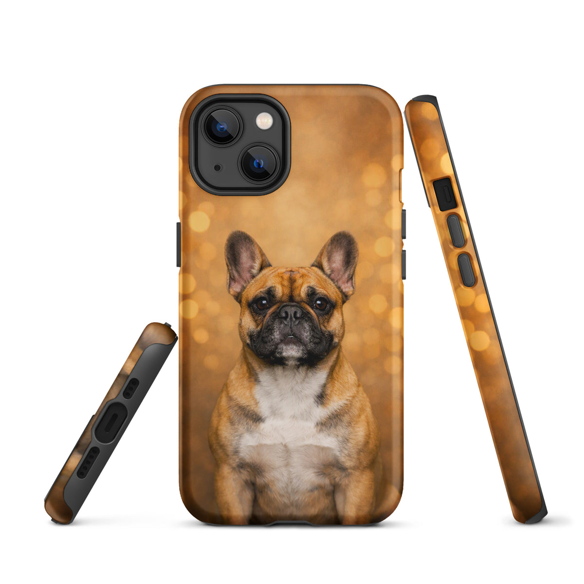Phone Case for iPhone featuring a French Bulldog portrait with warm glow bokeh background, adding charm and character.