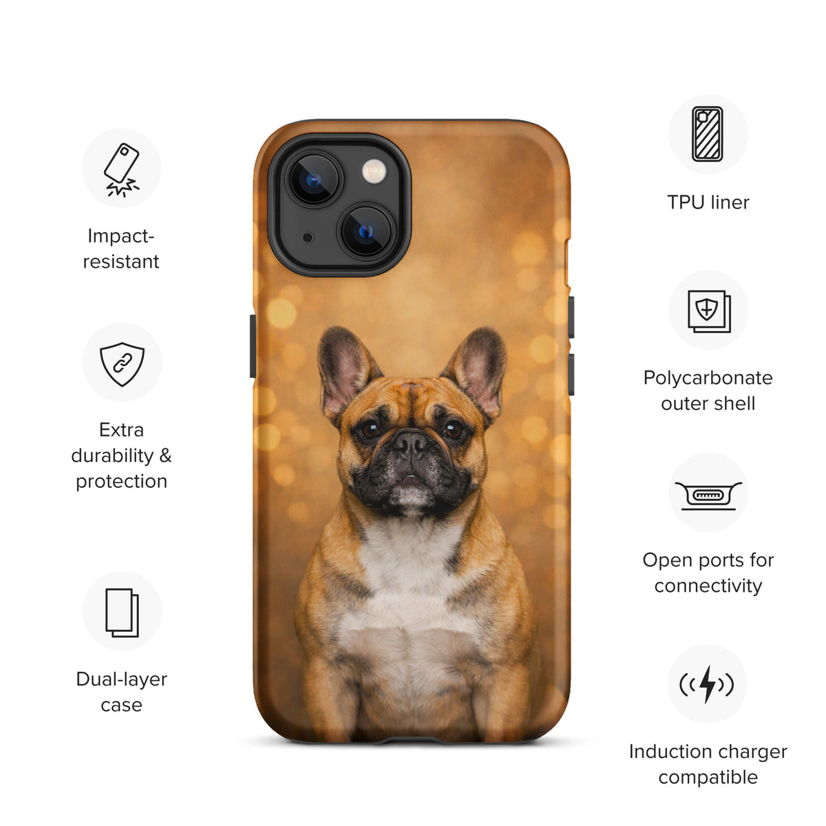 Phone Case for iPhone with French Bulldog portrait against warm glow background, featuring enhanced durability and connectivity options.