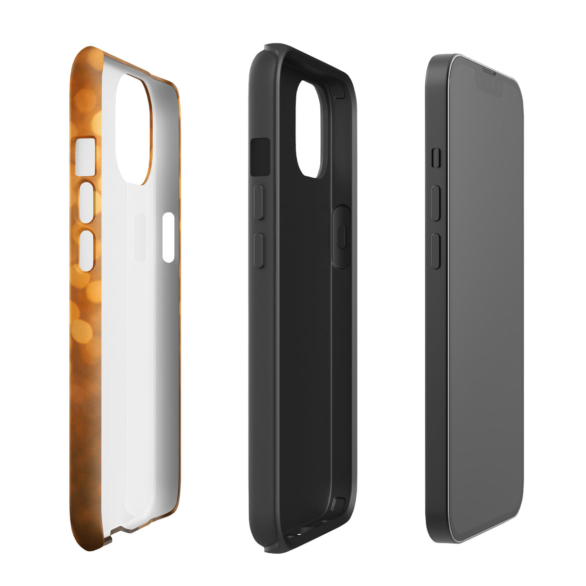 Phone Case for iPhone featuring French Bulldog with golden bokeh design, showcasing the Warm Glow Edition, case in three perspectives.