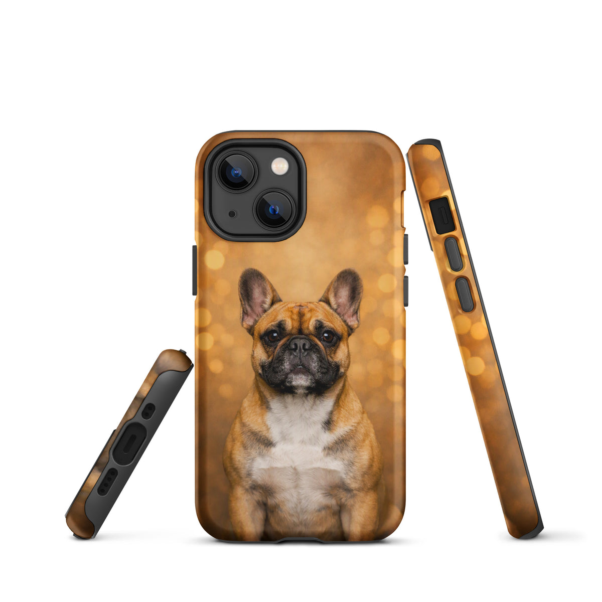 Phone Case for iPhone featuring a French Bulldog portrait against golden bokeh background, Warm Glow Edition, charming and whimsical design.