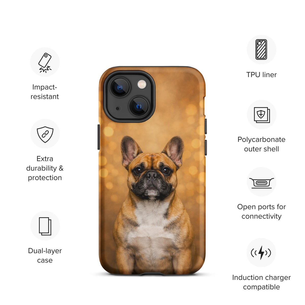 Phone Case for iPhone with French Bulldog portrait against golden glow background, highlighting charm and durability features.