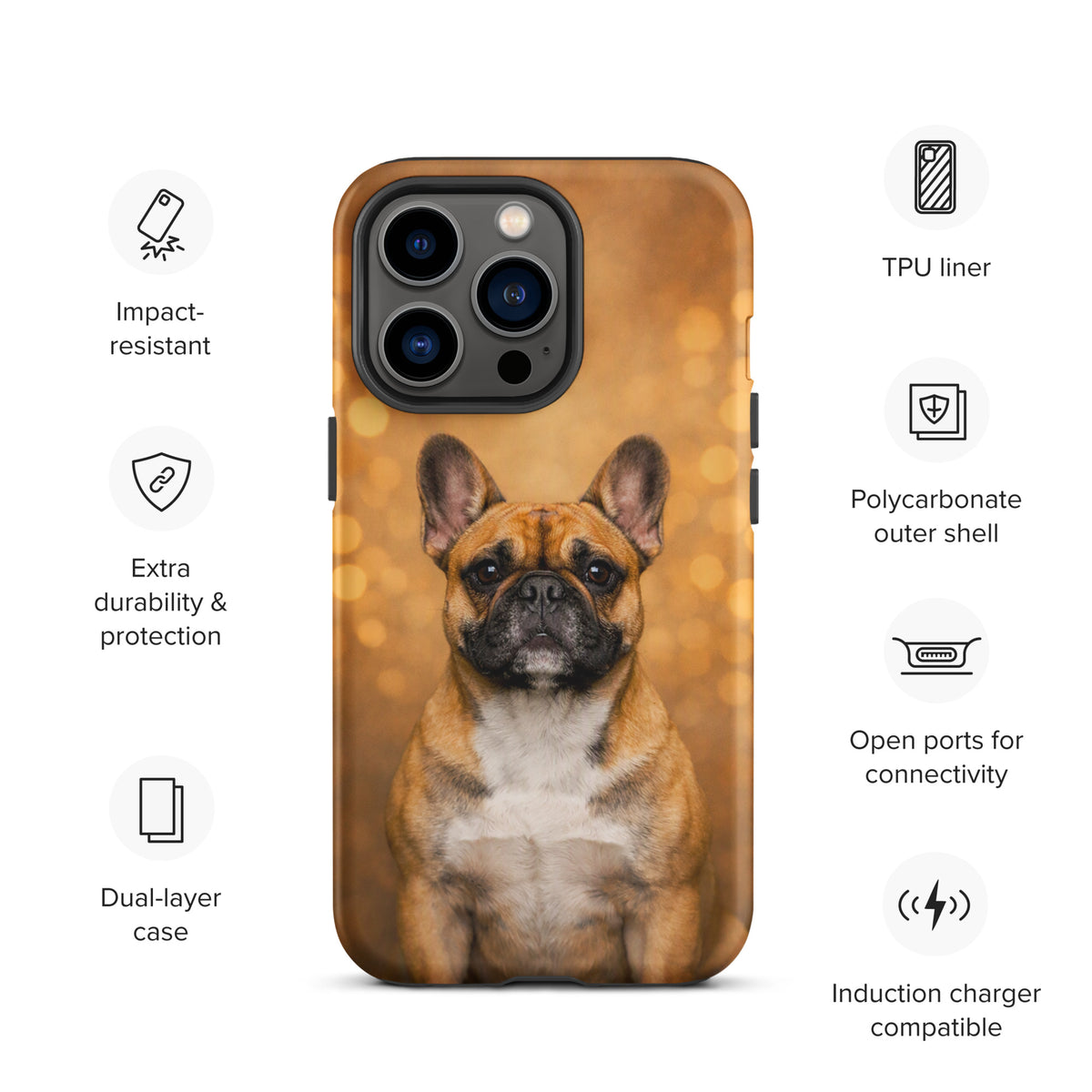 Phone Case for iPhone with French Bulldog portrait and warm glow background, displaying durability and protection features