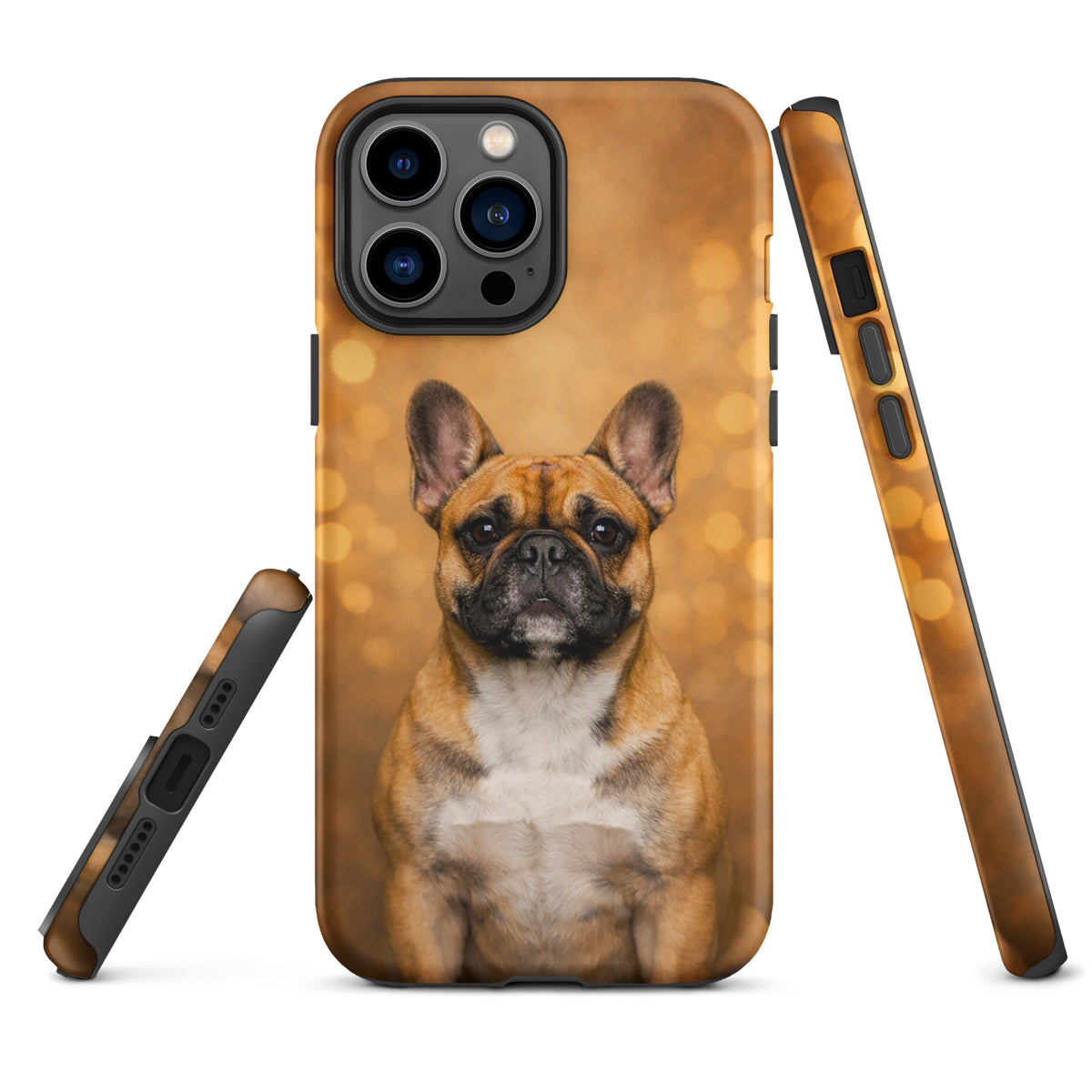 Phone Case for iPhone featuring a French Bulldog portrait with a warm golden glow background, adding a charming and playful touch.