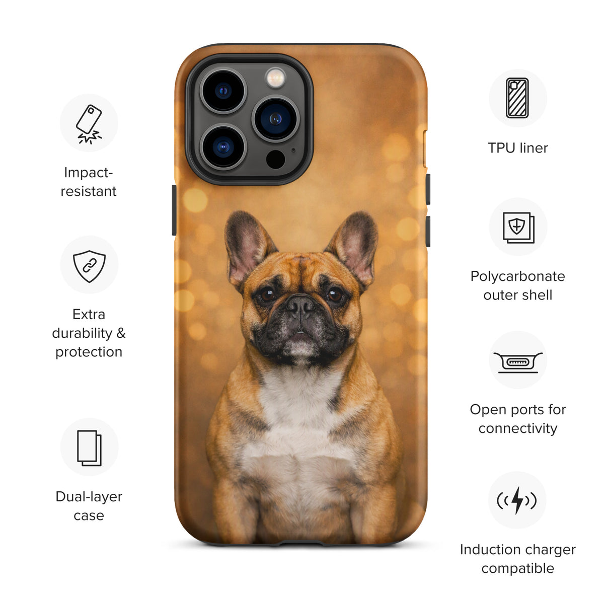 Phone Case for iPhone featuring French Bulldog portrait with dreamy golden bokeh background, warm glow edition.