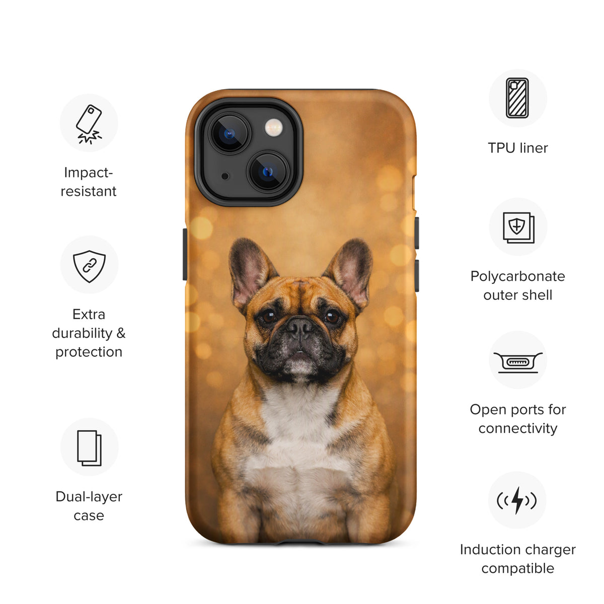 Phone Case for iPhone featuring a French Bulldog portrait against a warm glow background, perfect for dog lovers seeking style and protection.