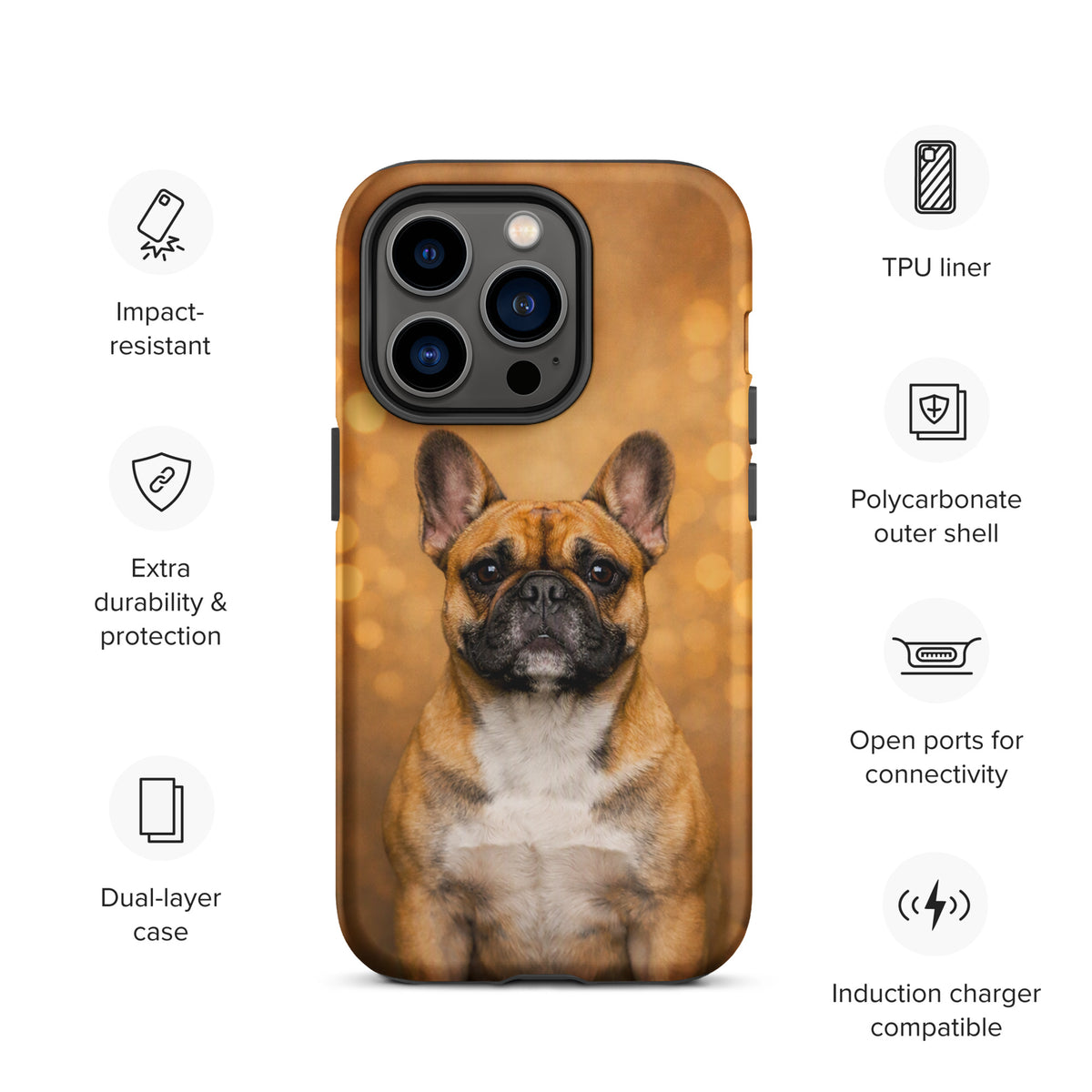 Phone Case for iPhone with French Bulldog Portrait on warm glow background, features include TPU liner, polycarbonate shell, and more.