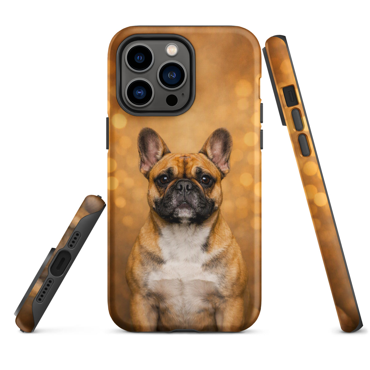Phone Case for iPhone featuring French Bulldog portrait with golden bokeh background, Warm Glow Edition, adds charm and sophistication.