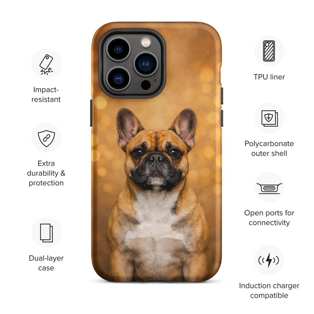 Phone Case for iPhone with French Bulldog portrait and warm glow design, featuring impact-resistant TPU liner and polycarbonate shell.