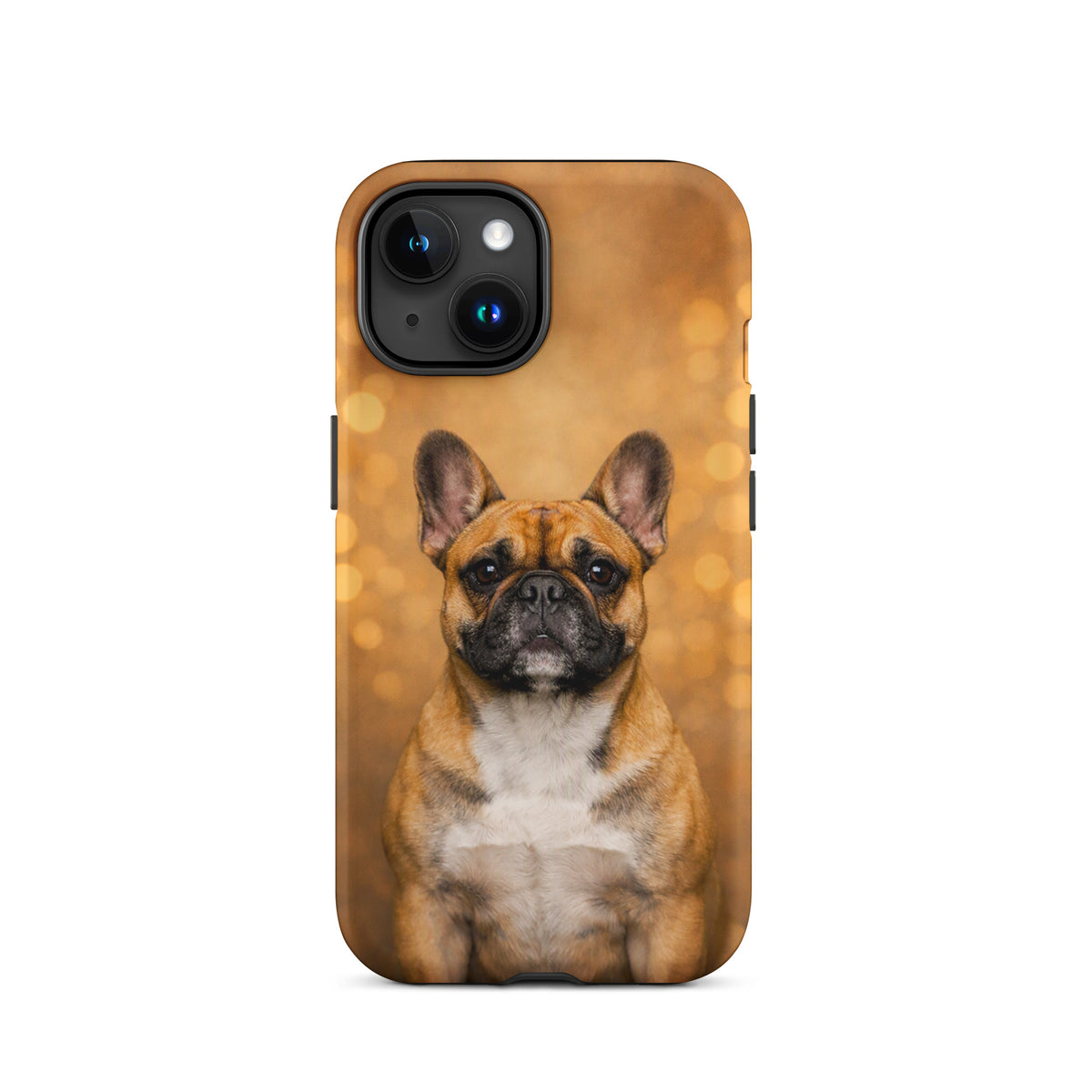Phone Case featuring French Bulldog against golden bokeh background, Warm Glow Edition, for iPhone, adds charm and warmth to your device.