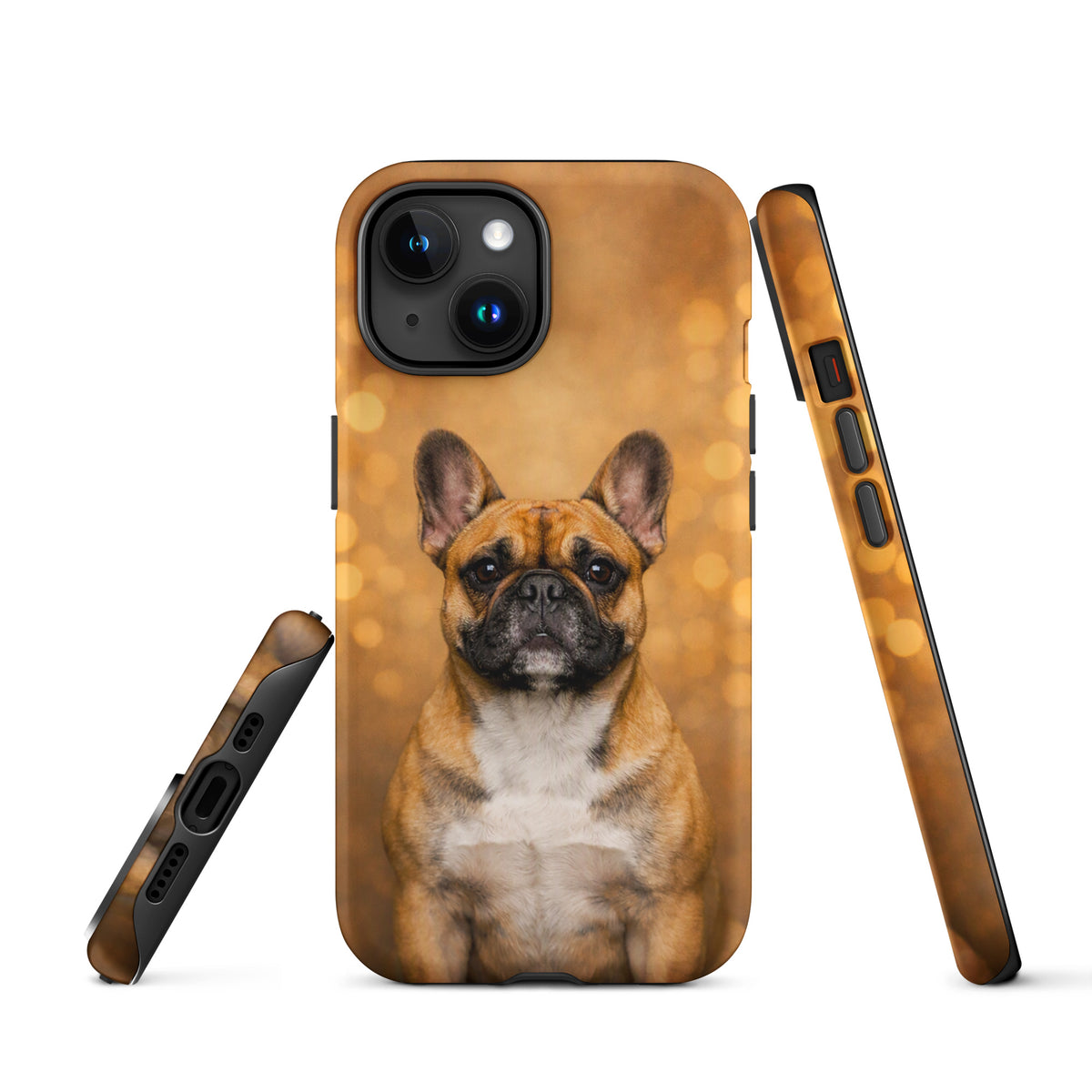 Phone Case for iPhone featuring a French Bulldog portrait with warm golden bokeh background, from the Warm Glow Edition collection.