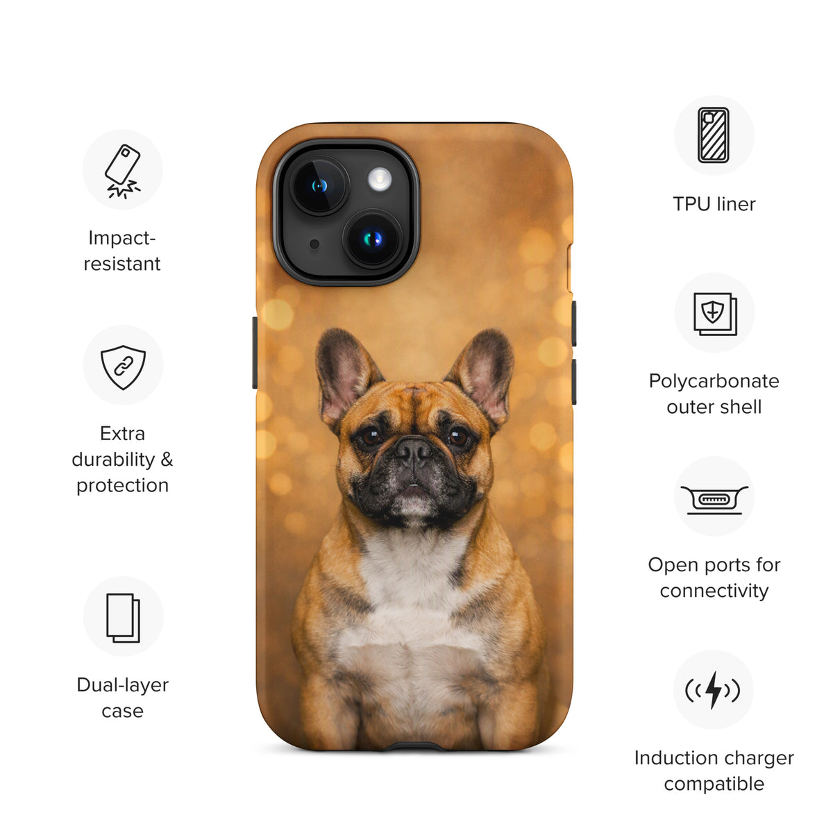 Phone Case featuring French Bulldog portrait on warm glow background, adding charm and character to iPhone device with bokeh effect.