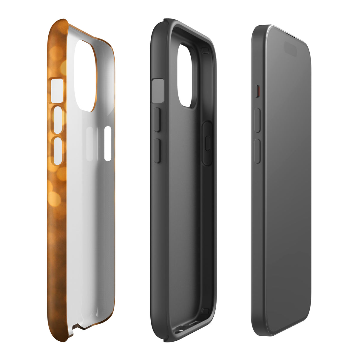 Phone Case for iPhone with French Bulldog design and warm glow bokeh background, side view of stylish protective cover.