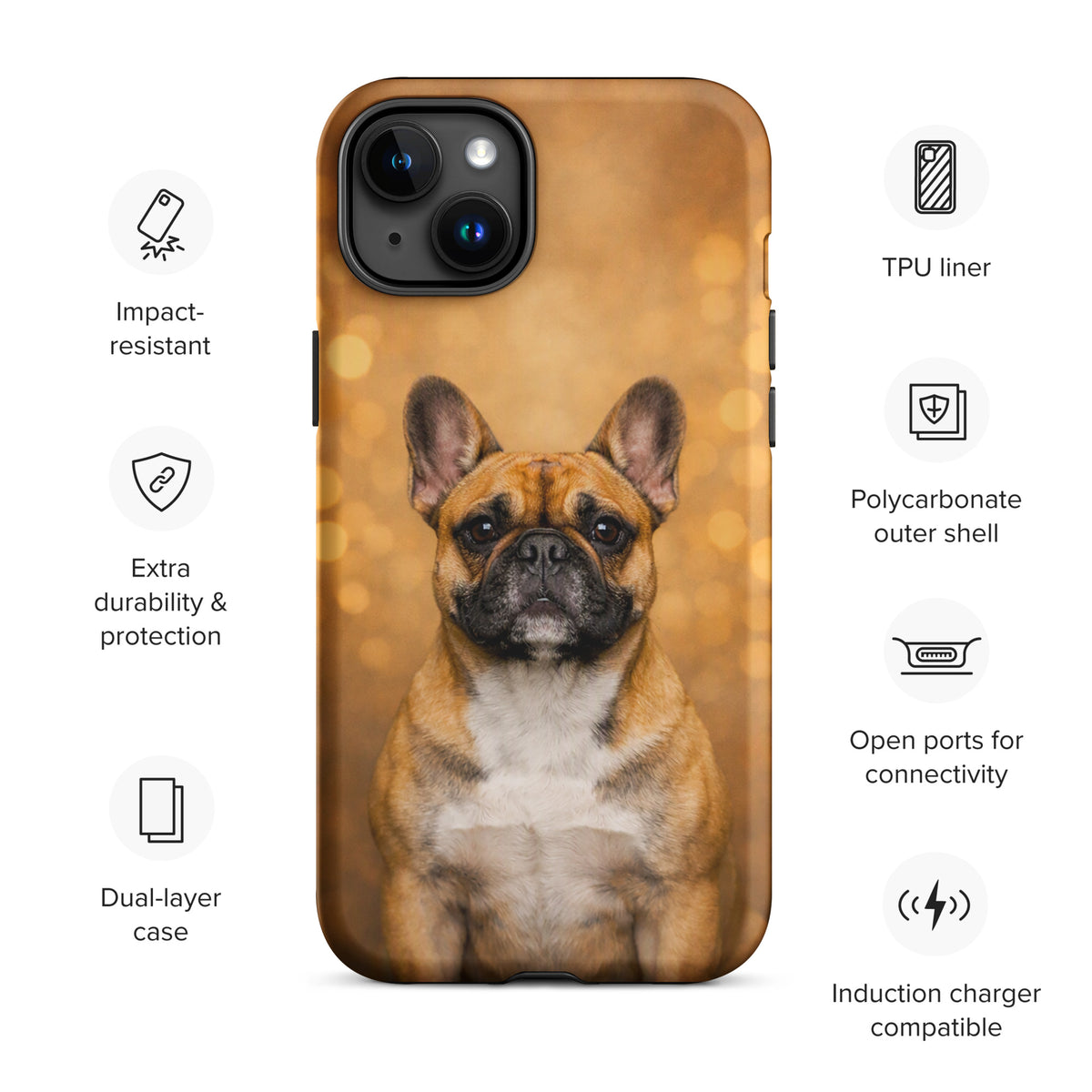 Phone Case for iPhone - French Bulldog Portrait against warm bokeh background, featuring impact-resistant, dual-layer design.