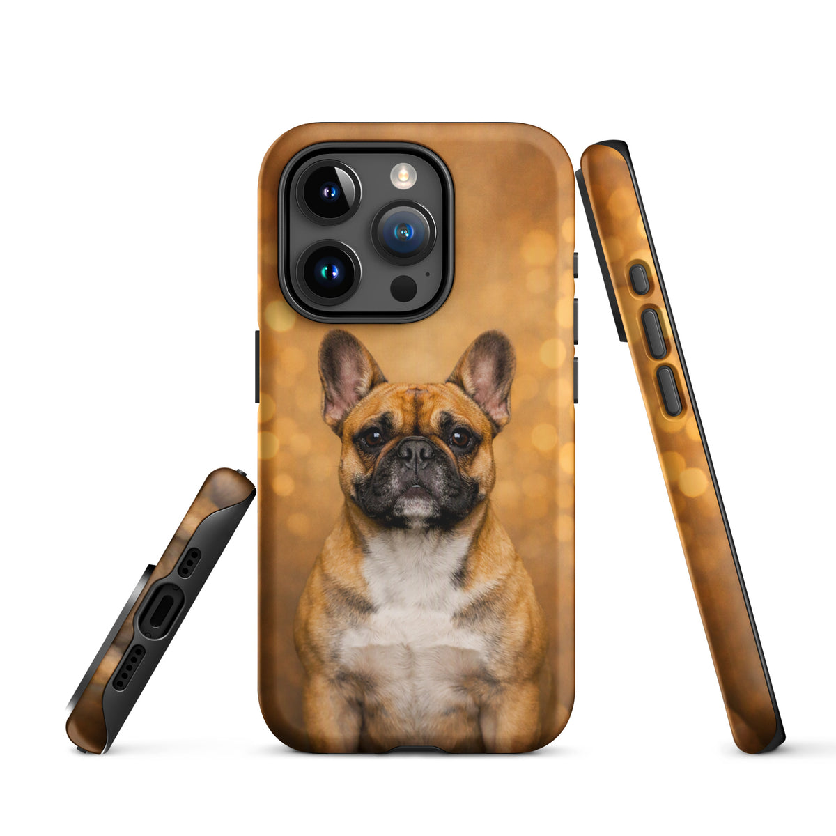 Phone Case for iPhone featuring French Bulldog portrait with warm golden bokeh background, radiating charm and sophistication.