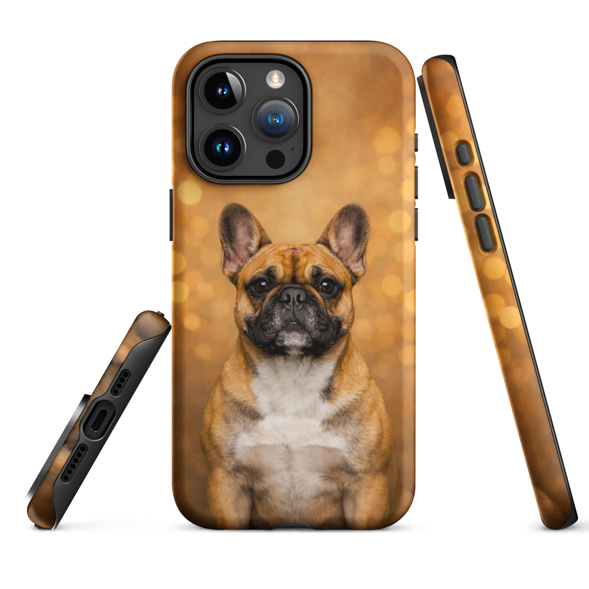Phone Case for iPhone featuring a French Bulldog portrait in warm golden glow background, perfect for dog lovers seeking charm and whimsy.