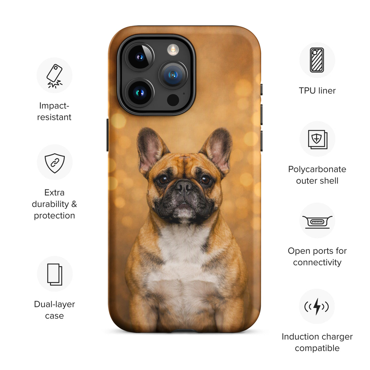 Phone Case for iPhone with French Bulldog portrait in warm glow, durable and stylish, perfect for dog lovers. Ideal gift for iPhone users.