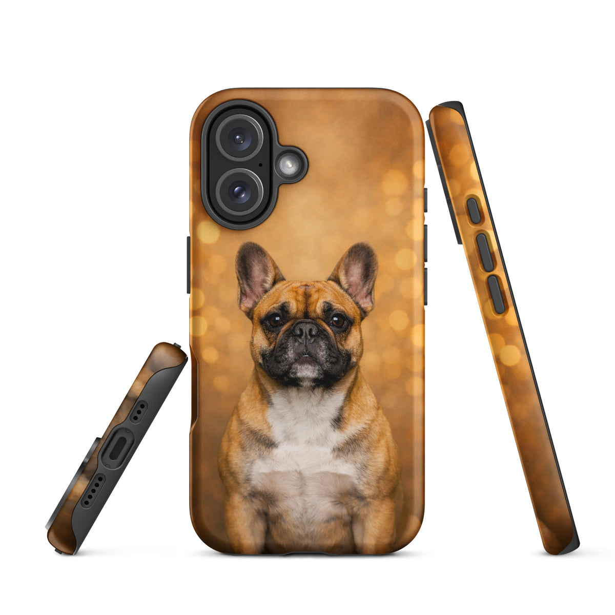 Phone Case for iPhone featuring French Bulldog portrait with warm glow background, offers charm and sophistication for dog lovers.