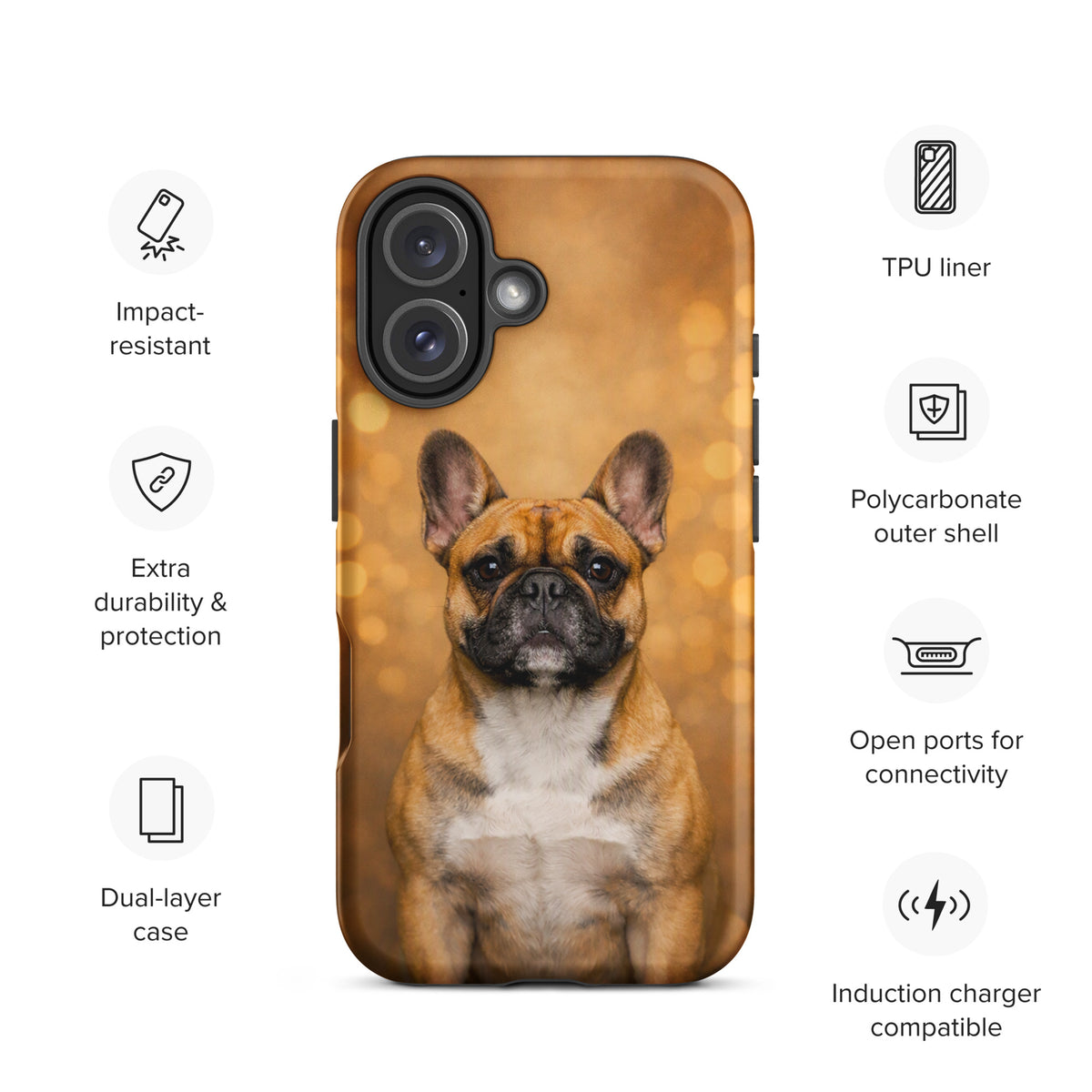 Phone Case for iPhone featuring a French Bulldog portrait with warm glow bokeh background, showcasing durability and style for dog lovers.