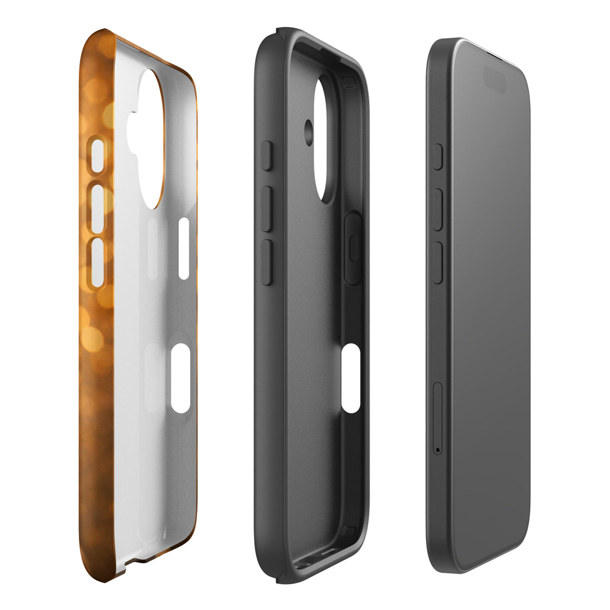Phone Case for iPhone featuring a French Bulldog design in warm glow, showcasing the case's golden bokeh effect and durability.