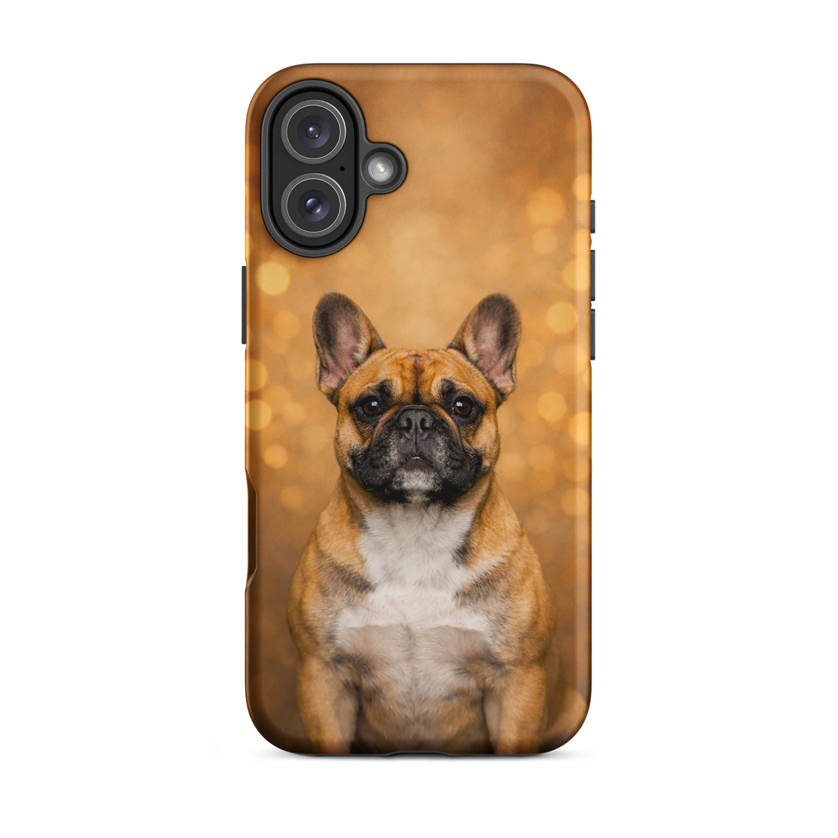 Phone Case for iPhone with French Bulldog portrait against golden bokeh background, Warm Glow Edition.