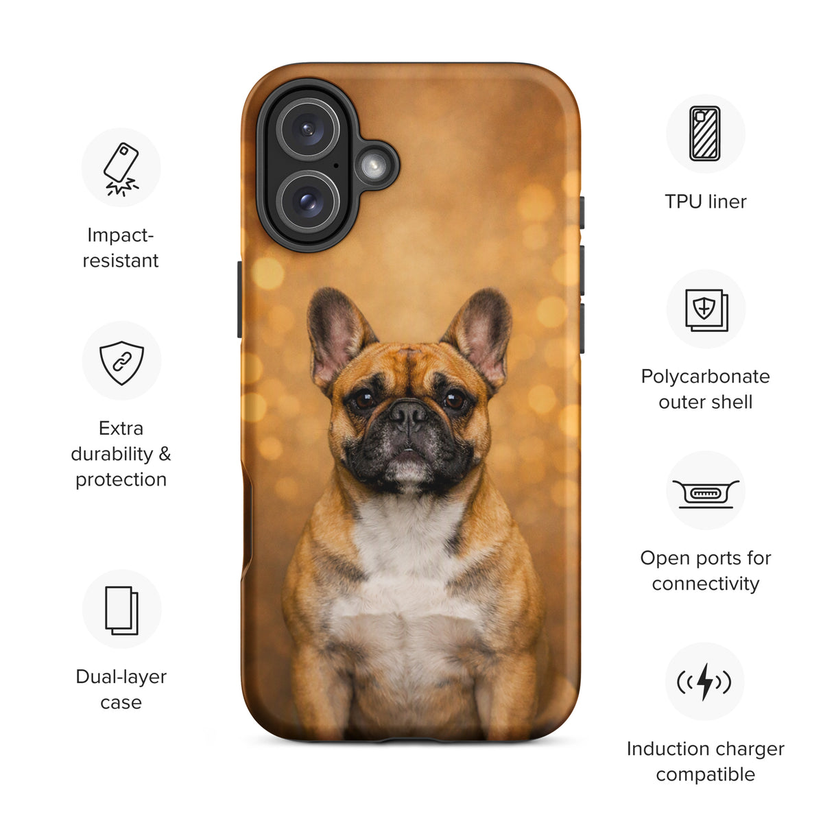 Phone Case for iPhone featuring French Bulldog portrait with a golden bokeh background, offering warmth and playful sophistication.