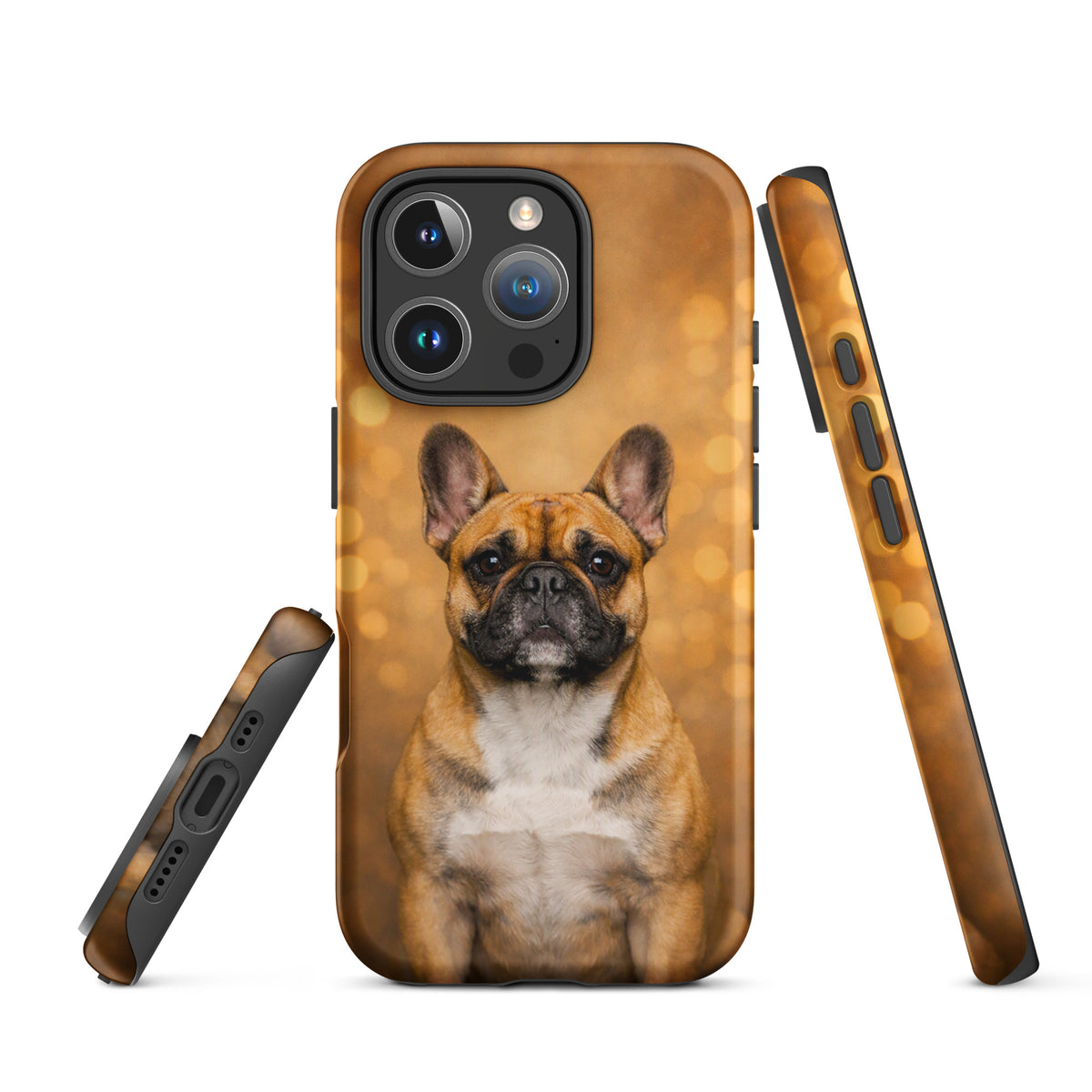 Phone Case with French Bulldog portrait on warm golden background for iPhone, adding charm and joy to your device.