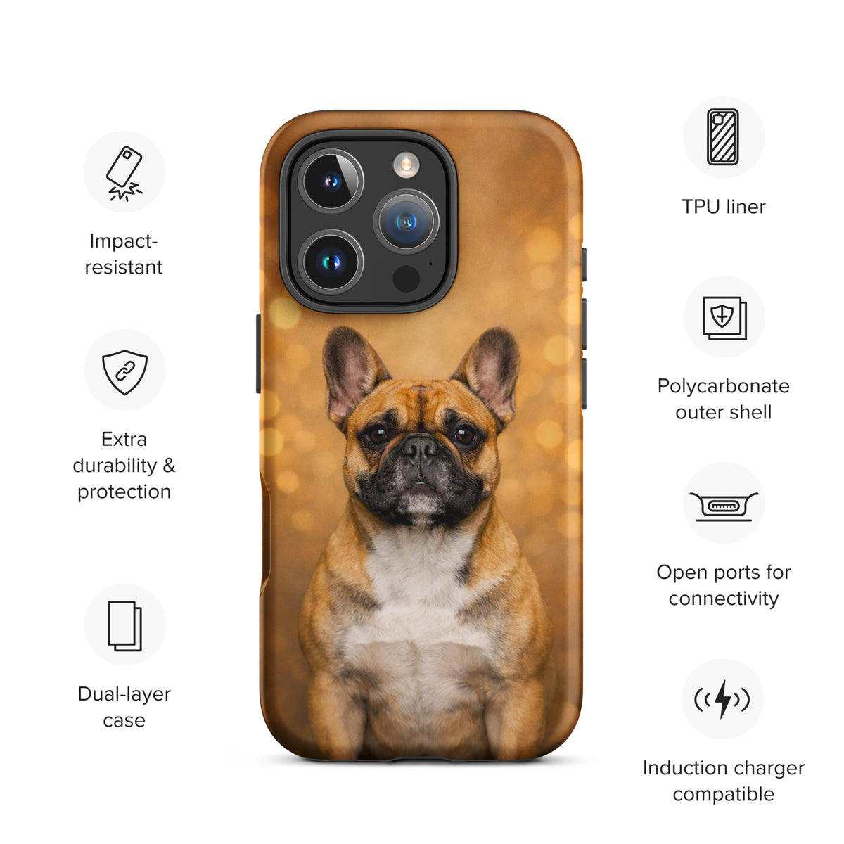 Phone Case for iPhone featuring French Bulldog with bokeh background, warm glow edition, showcasing durability and charm.