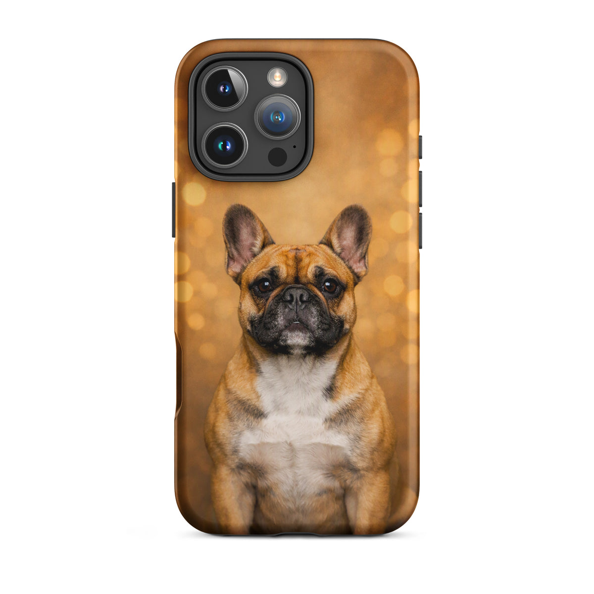 Phone Case for iPhone with French Bulldog portrait on warm glow background, perfect for dog lovers, stylish and protective.