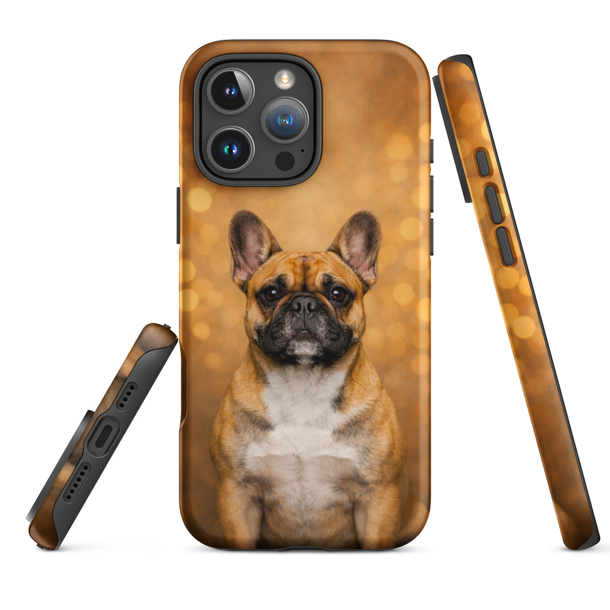 Phone Case featuring French Bulldog portrait with golden bokeh background, Warm Glow Edition, designed for iPhone devices.