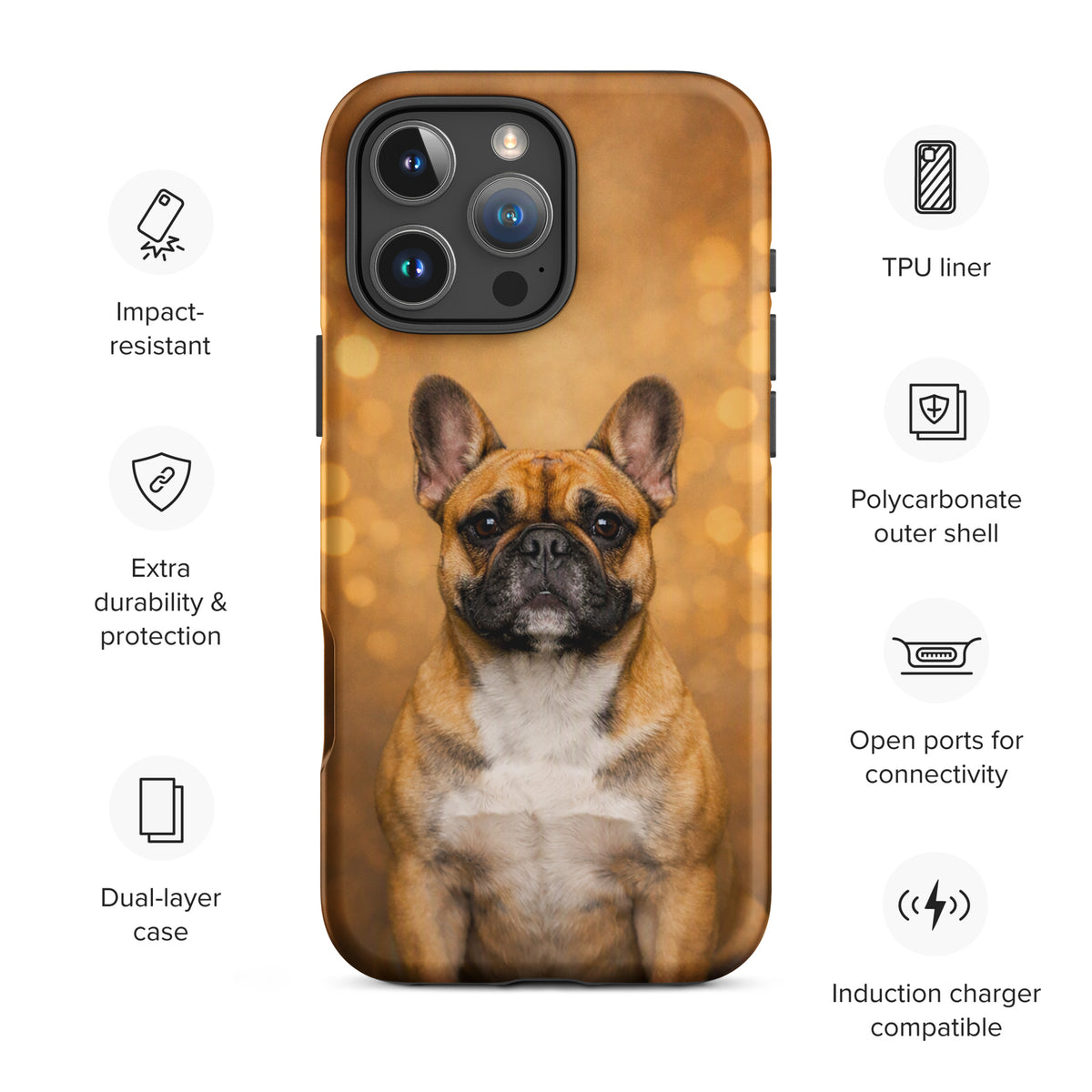 Phone Case with French Bulldog Portrait, Warm Glow Edition, featuring golden bokeh background and protective design for iPhone.