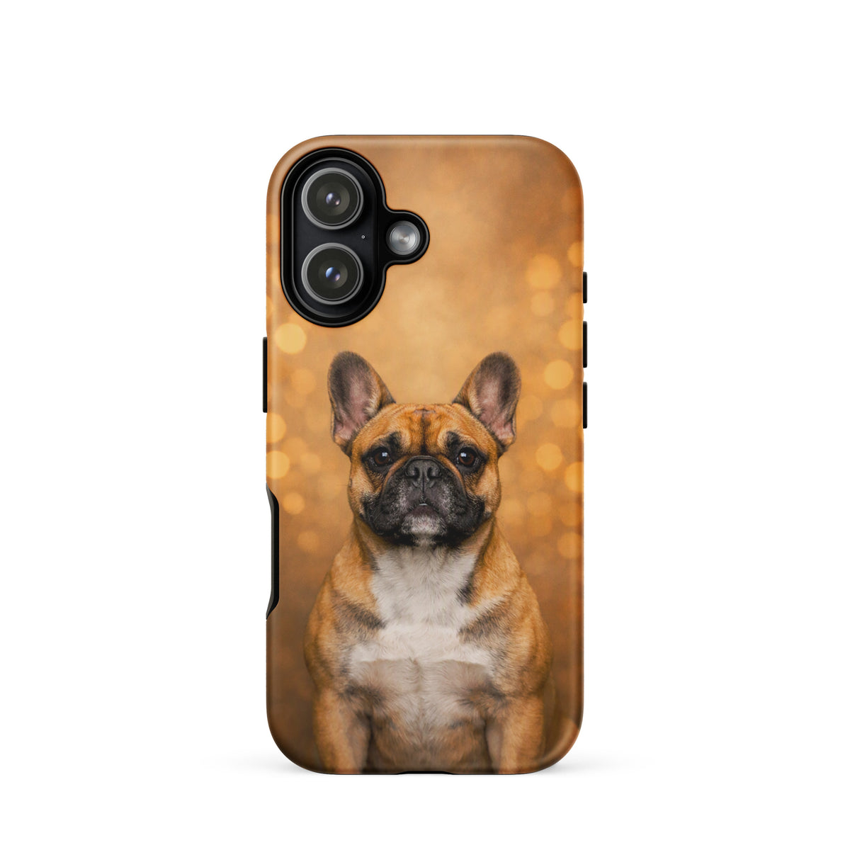 Phone Case featuring a French Bulldog portrait with golden bokeh background, Warm Glow Edition for iPhone.