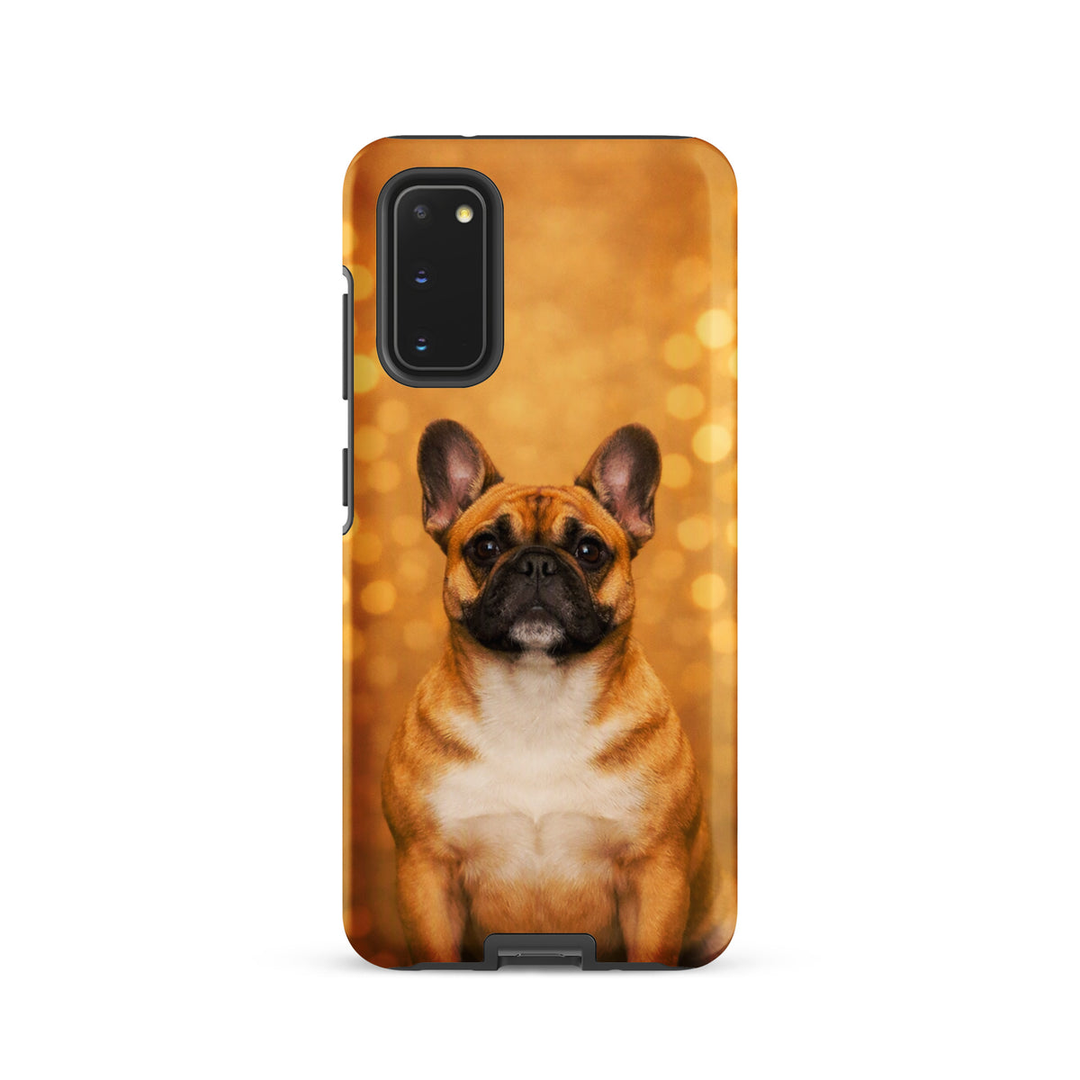 Phone Case for Samsung Galaxy featuring French Bulldog portrait against golden bokeh background, adding charm and sophistication.