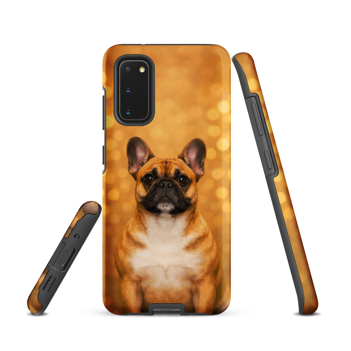 Phone Case for Samsung Galaxy featuring charming French Bulldog against a golden bokeh background, perfect for dog lovers.