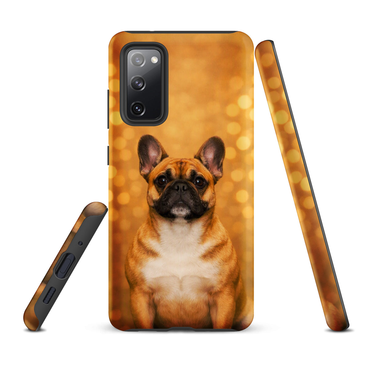 Phone Case for Samsung Galaxy with French Bulldog portrait on golden bokeh background, perfect for dog lovers seeking charm and whimsy.