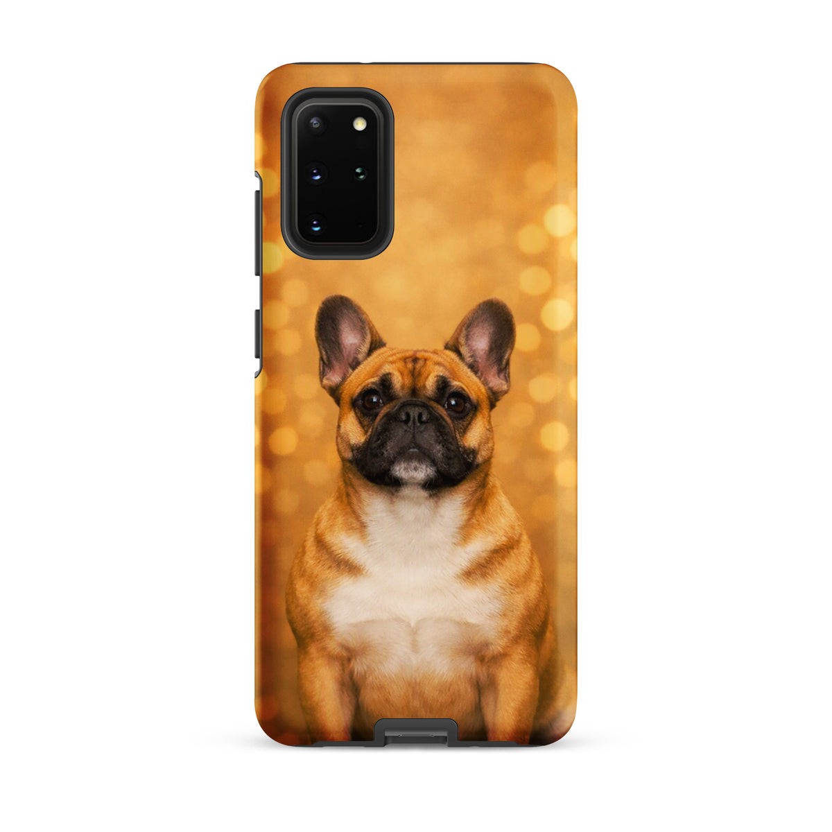 Phone Case for Samsung Galaxy featuring a French Bulldog portrait against a golden bokeh background, adding charm and sophistication.