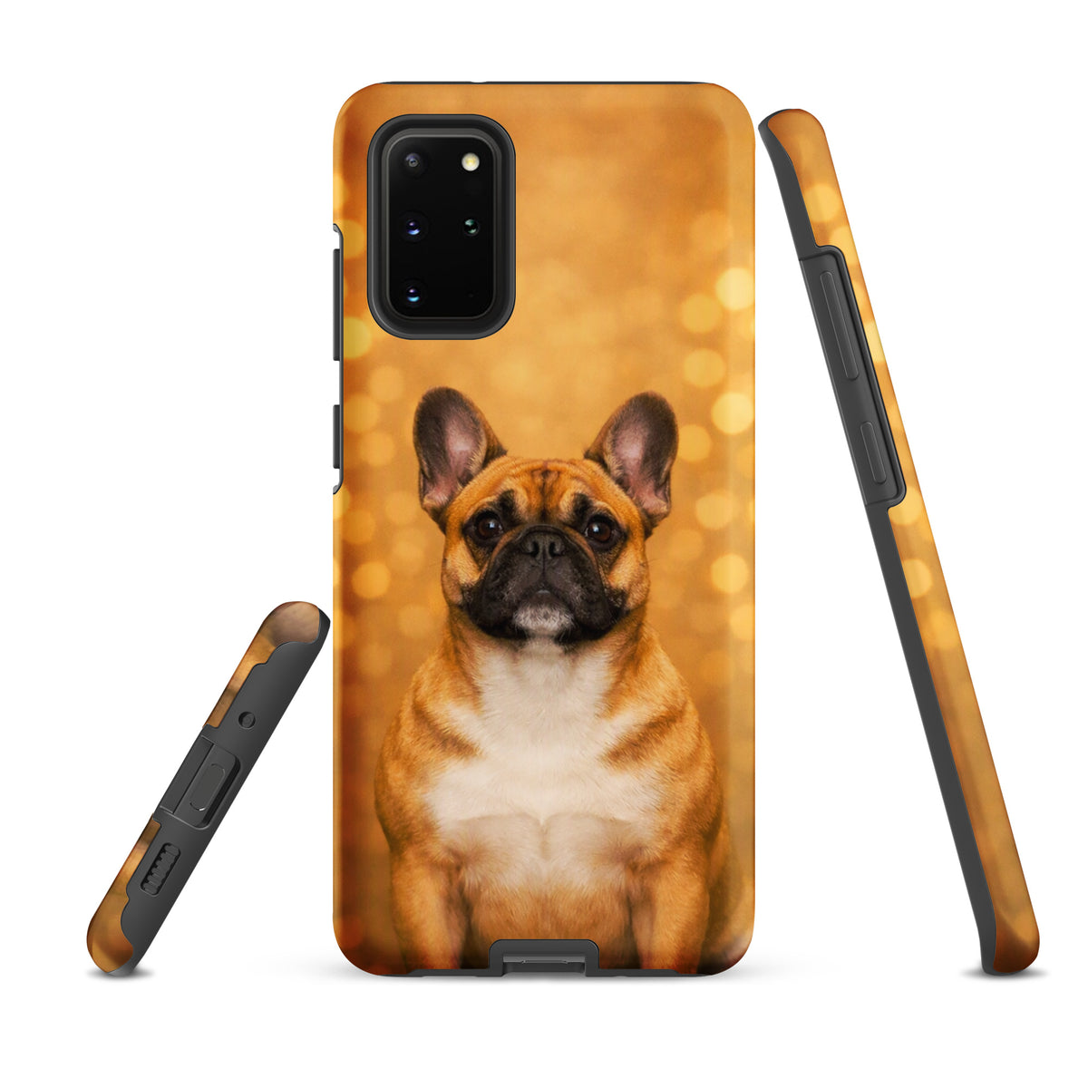 Phone Case for Samsung Galaxy featuring a French Bulldog portrait with a golden bokeh background, capturing charm and character.