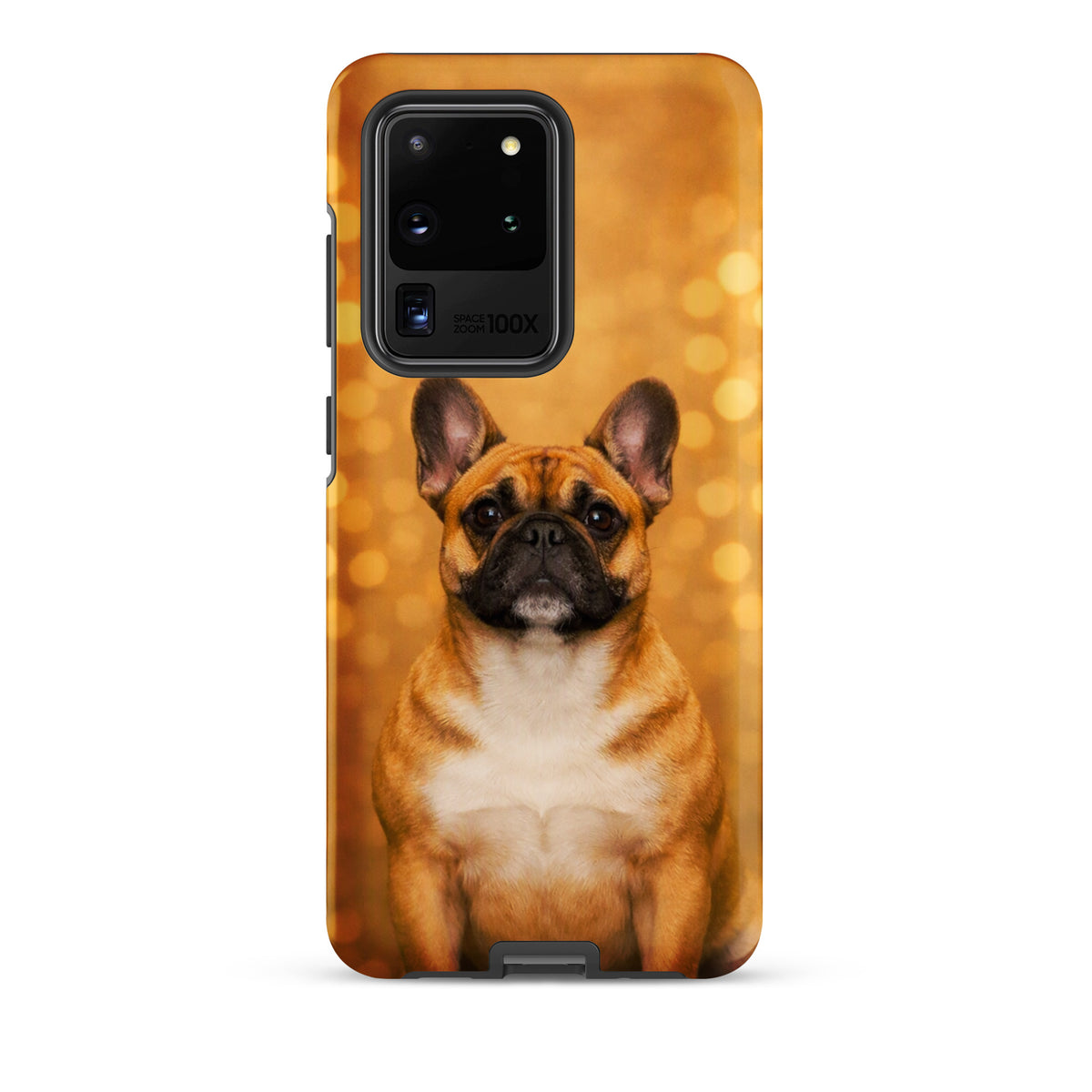 Phone Case for Samsung Galaxy featuring French Bulldog against golden bokeh backdrop, adds charm and whimsy to your tech accessory.